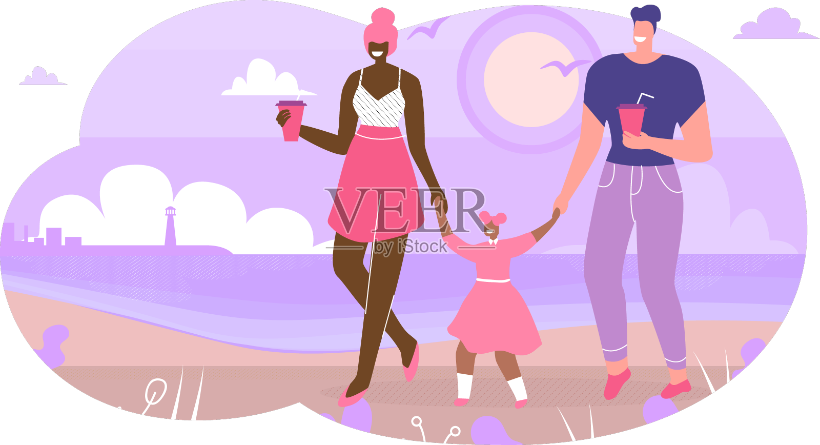 多种族夫妇带着女儿散步设计元素图片