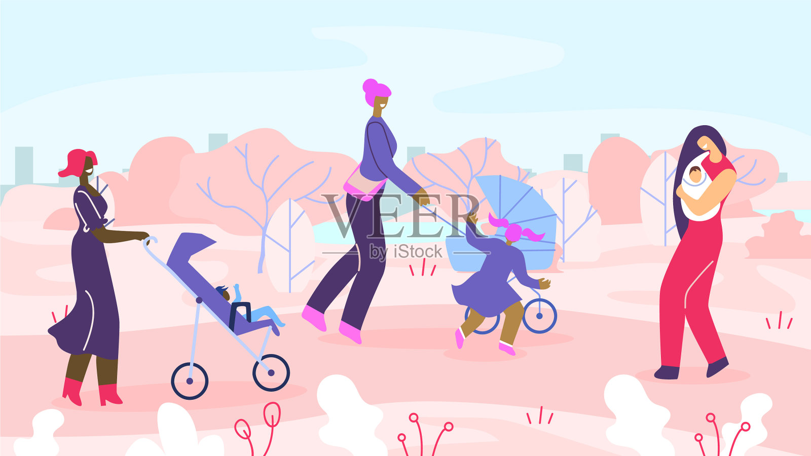 快乐的母亲与孩子在城市公园散步插画图片素材