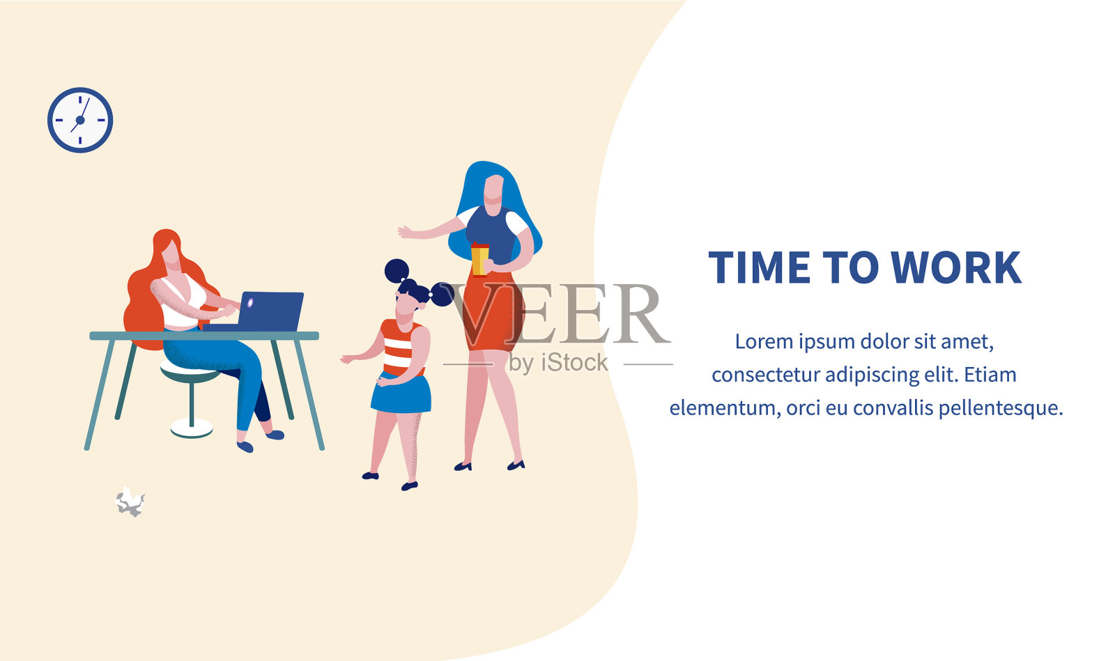 是时候工作了，年轻的女人在笔记本电脑上工作插画图片素材