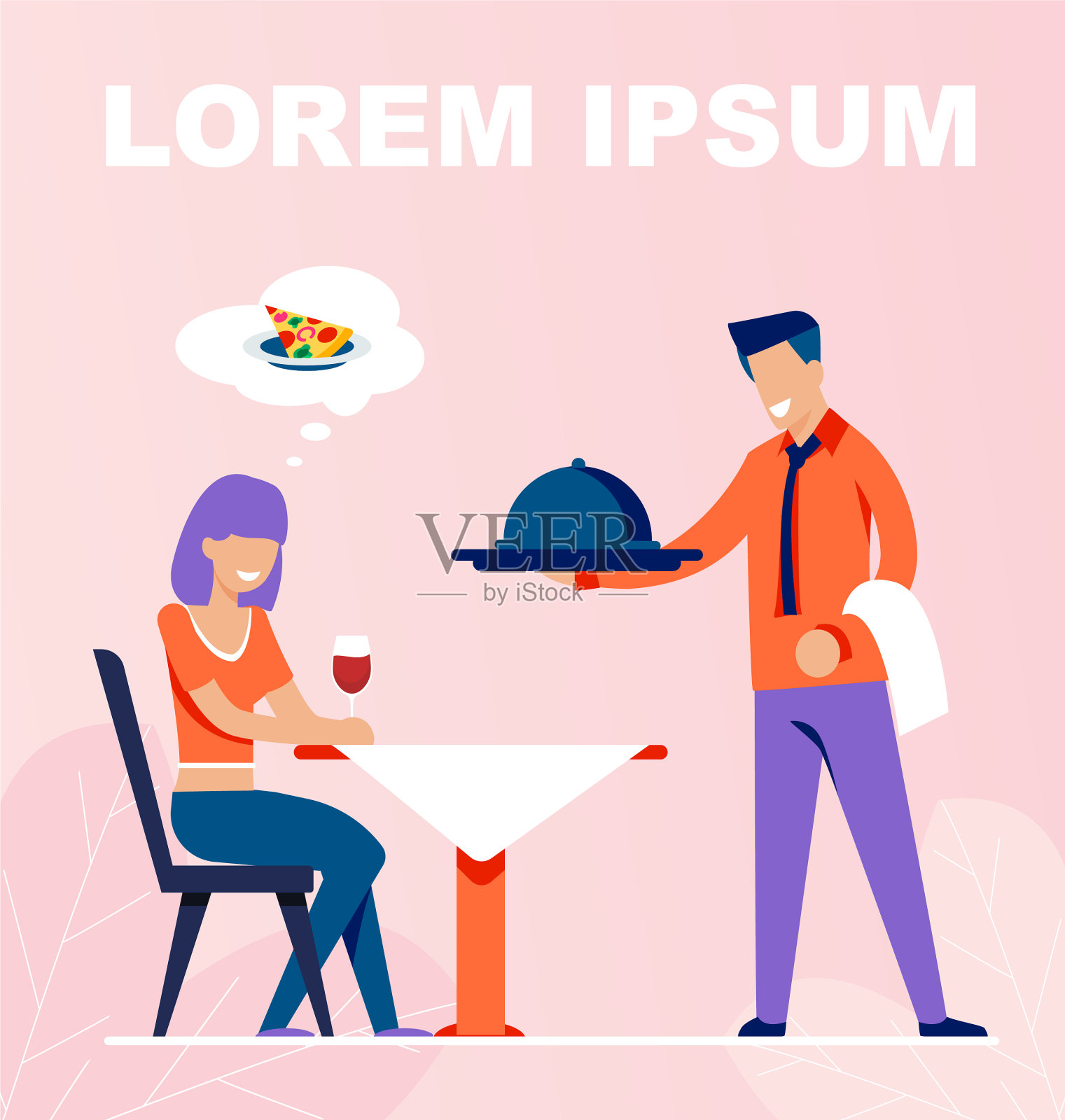 服务员为坐在桌边的女孩点了菜插画图片素材