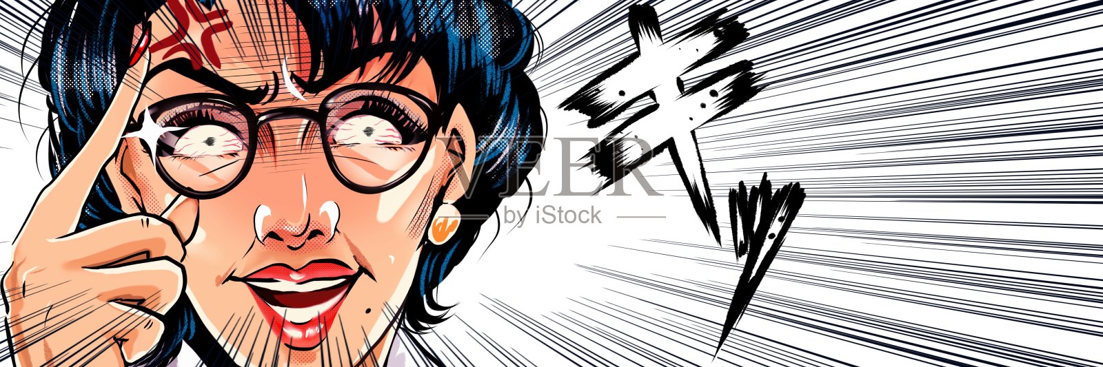 美国漫画风格的彩色插图，一个怪物的父母教育妈妈与眼镜谁突然从它。插画图片素材