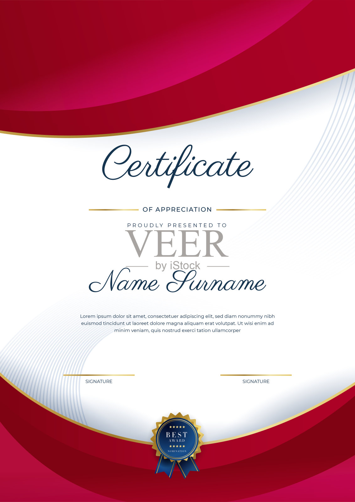 现代优雅的红色和金色成就证书模板与金徽章和边界。专为文凭，奖项，商业，大学，学校，背景和企业。插画图片素材