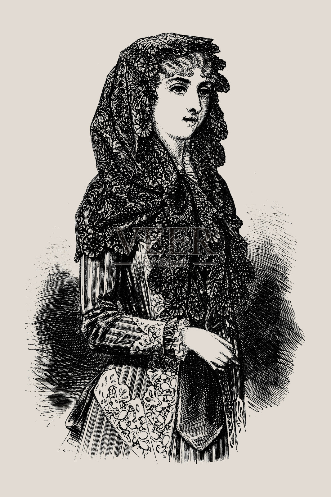 维多利亚时尚女人，戴西班牙曼蒂利亚头饰插画图片素材