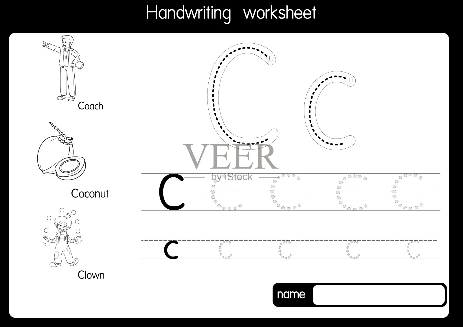 黑白矢量插图，用字母C大写字母或大写字母为儿童学习练习ABC插画图片素材