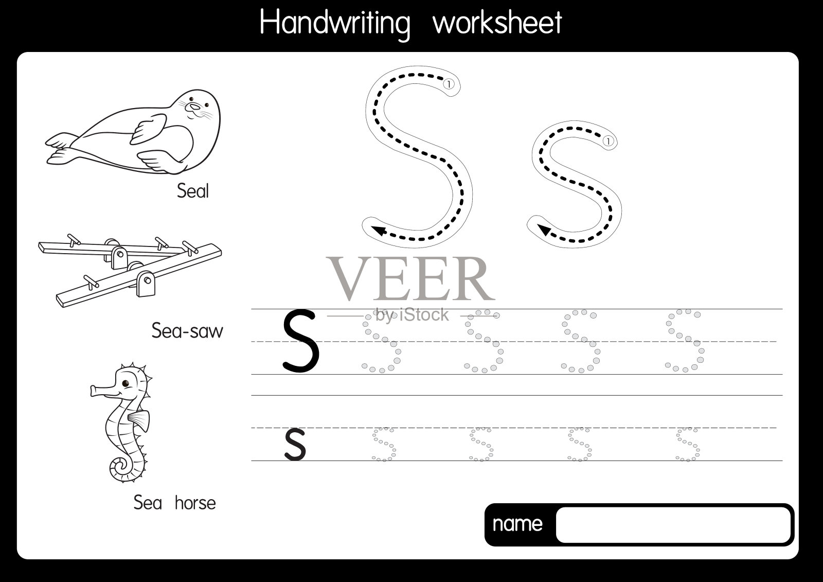 黑白矢量插图与字母S大写字母或大写字母的儿童学习练习ABC插画图片素材