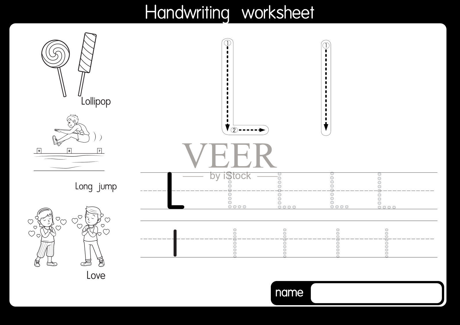 黑白矢量插图，用字母L大写字母或大写字母为儿童学习练习ABC插画图片素材