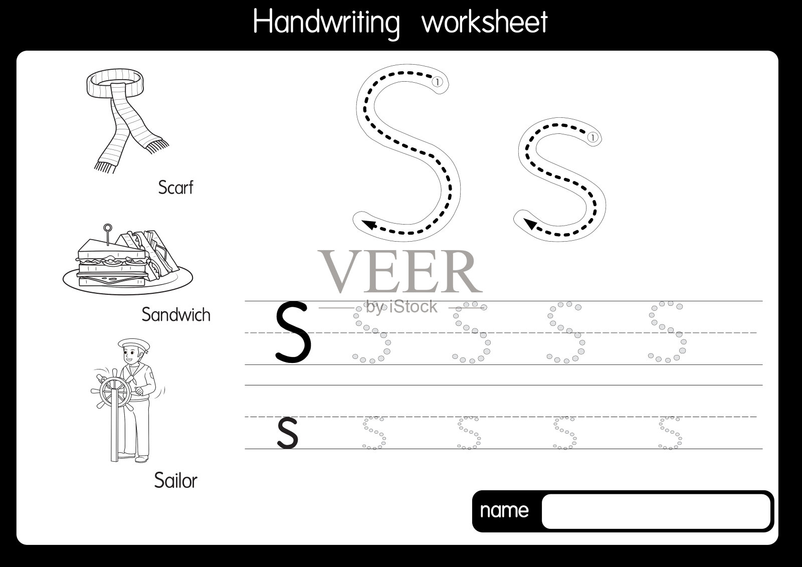 黑白矢量插图与字母S大写字母或大写字母的儿童学习练习ABC插画图片素材