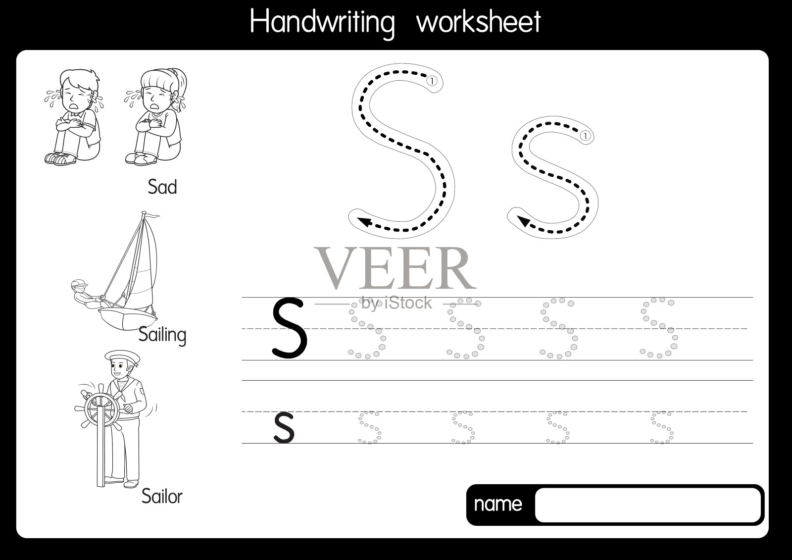 黑白矢量插图与字母S大写字母或大写字母的儿童学习练习ABC插画图片素材