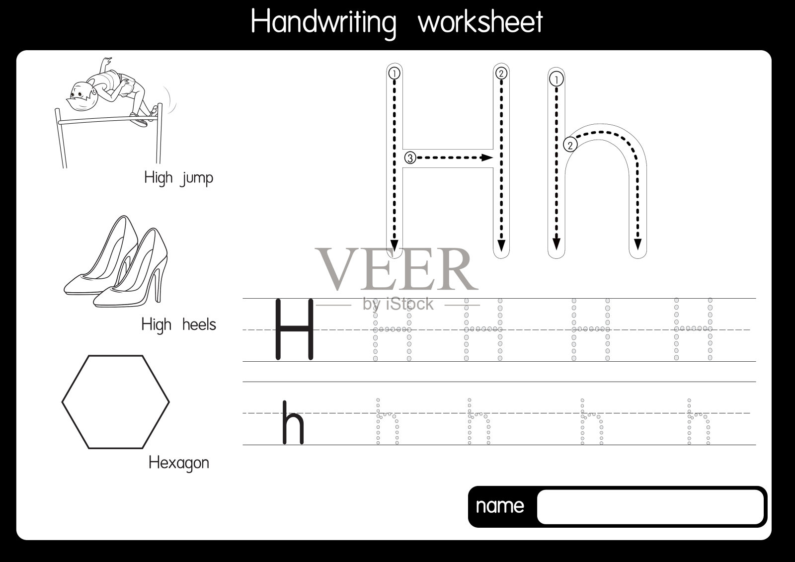 黑白矢量插图与字母H大写字母或大写字母的儿童学习练习ABC插画图片素材
