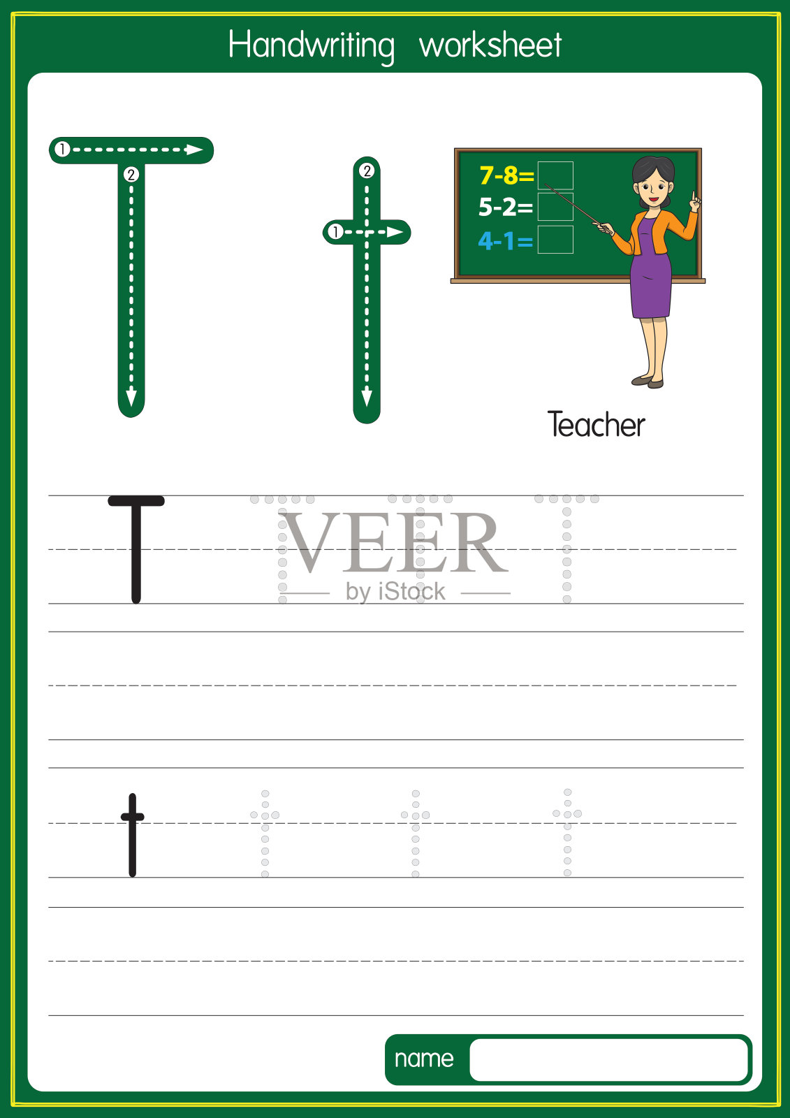矢量说明教师与字母T大写字母或大写字母的儿童学习练习ABC插画图片素材