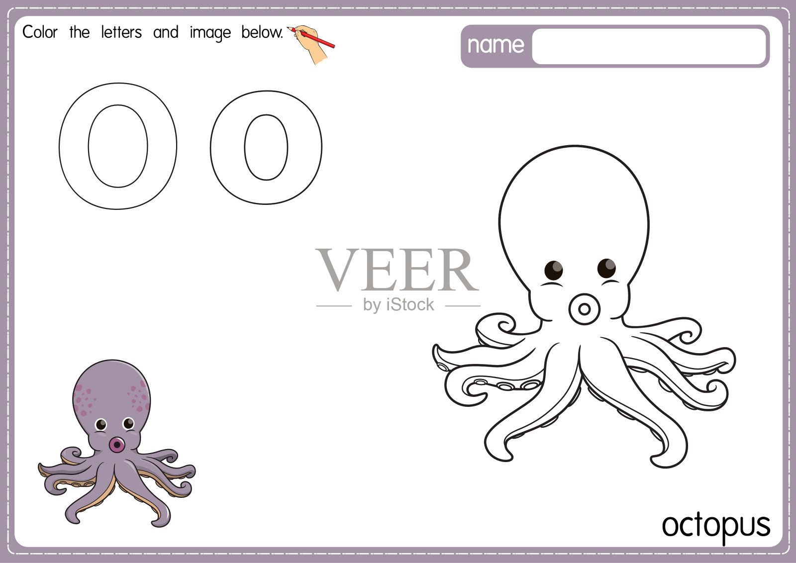 矢量插图的儿童字母着色书页与概述剪贴画，以颜色。字母O代表章鱼。插画图片素材