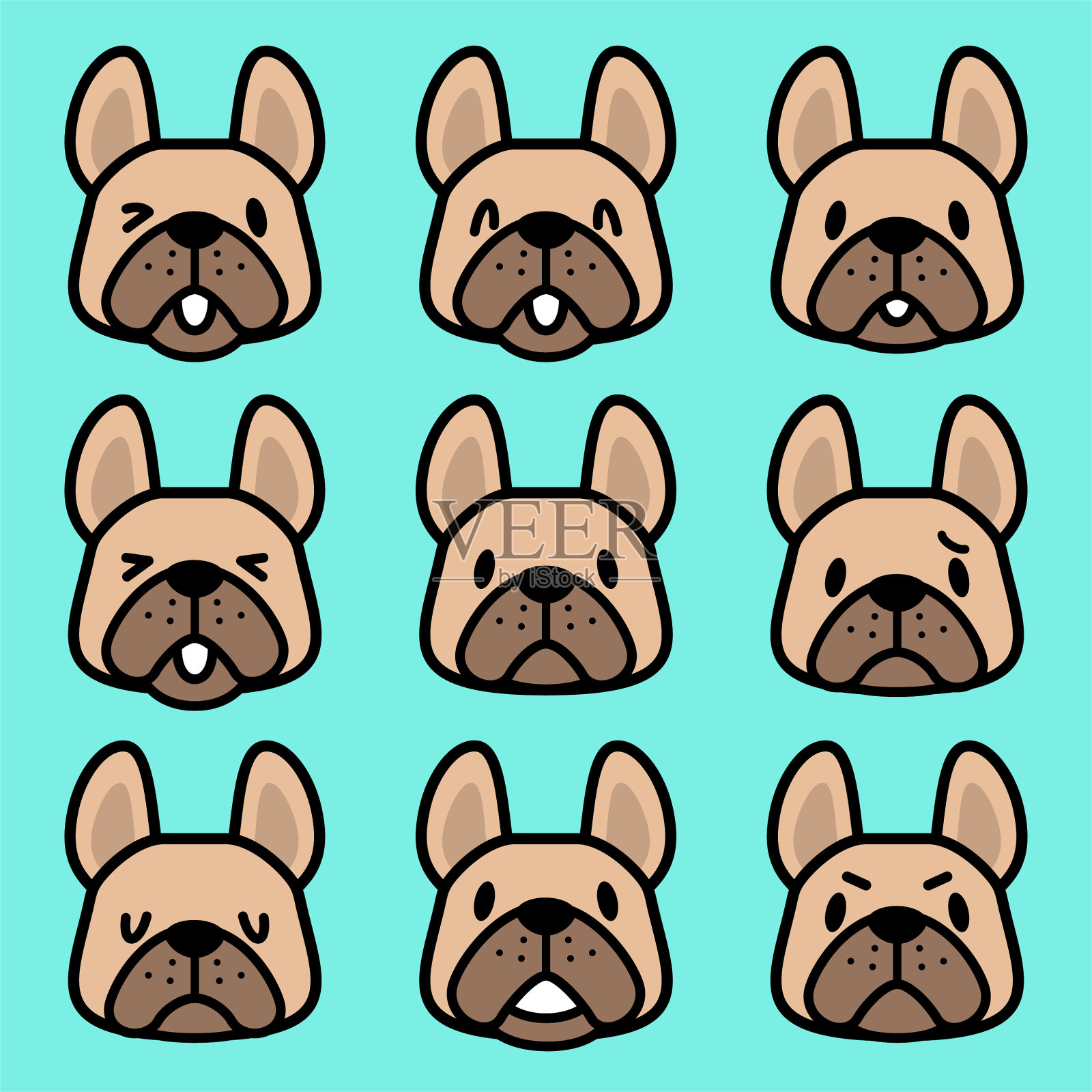 法国斗牛犬的可爱面部表情图标插画图片素材