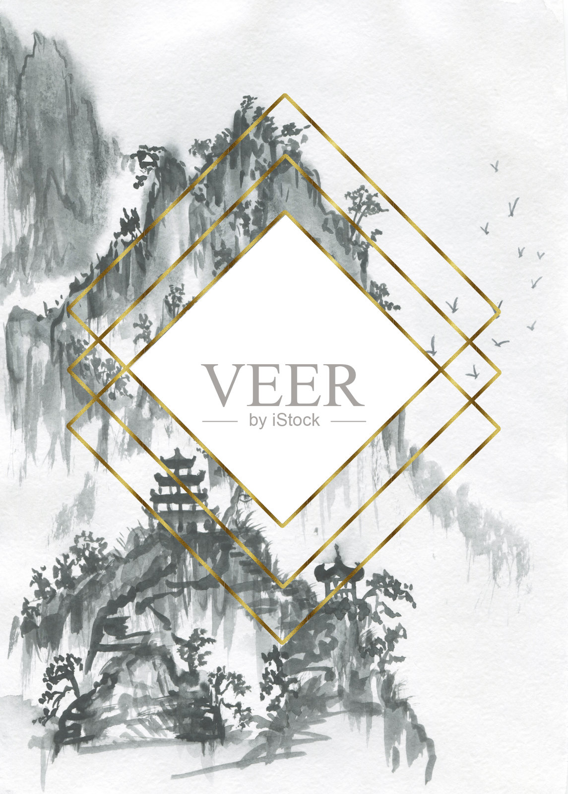 海报水彩森林，金色画框。水彩山旅行插图，绿色植物景观剪贴画，森林树木剪贴画的林地婚礼。插画图片素材