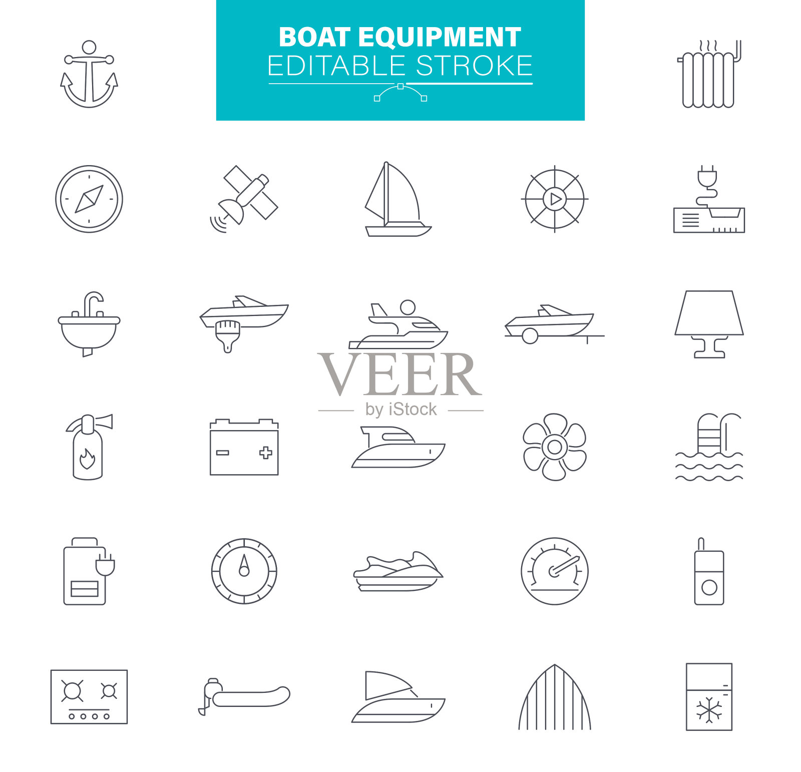 船只设备图标可编辑的笔触。包含帆船，船，航海船，钓鱼，游艇的图标图标素材