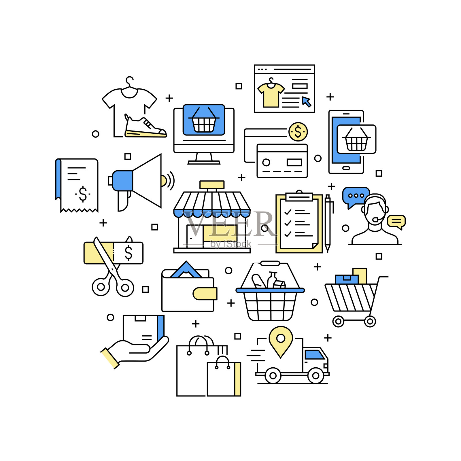 购物和零售相关的矢量横幅设计概念，现代线条风格与图标插画图片素材
