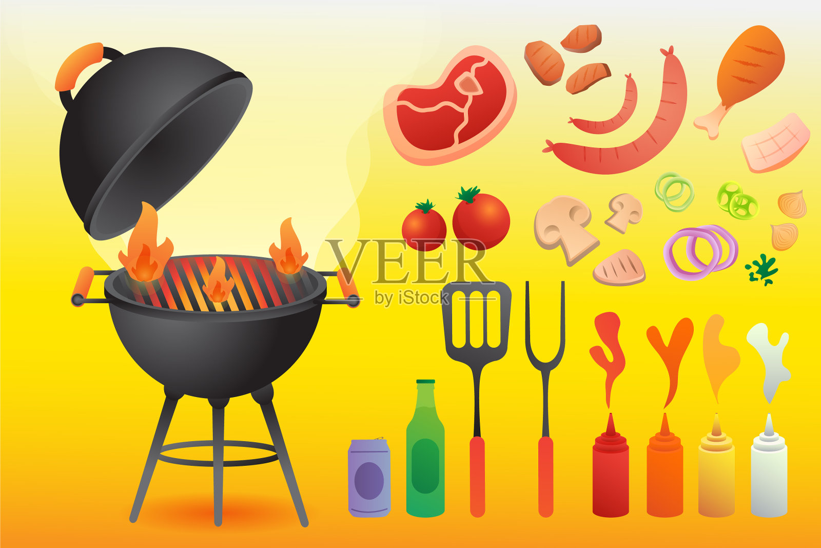 烧烤架和烧烤工具设置平面风格的卡插画图片素材