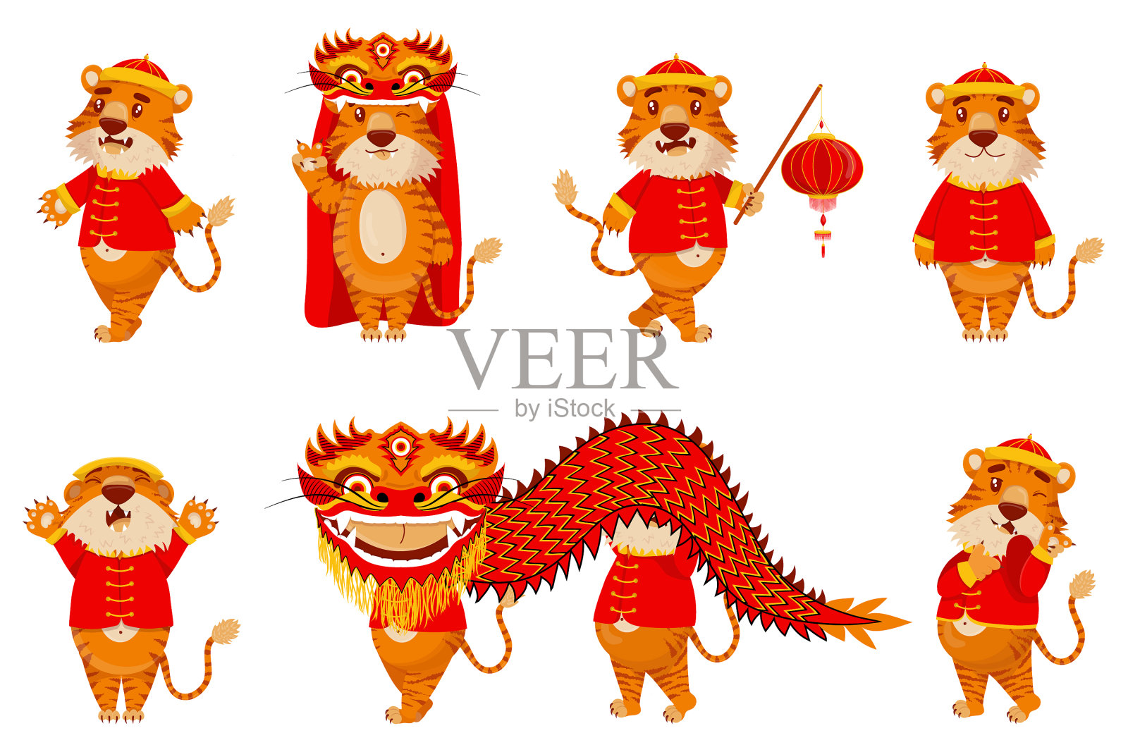 穿着新年服装的中国老虎插画图片素材
