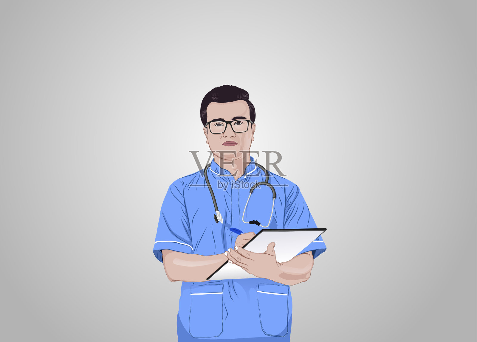 男护士在白色背景的剪贴板上写字插画图片素材