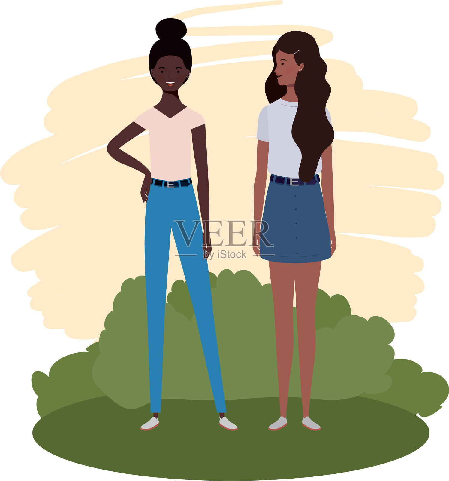 年轻女子站在风景背景插画图片素材