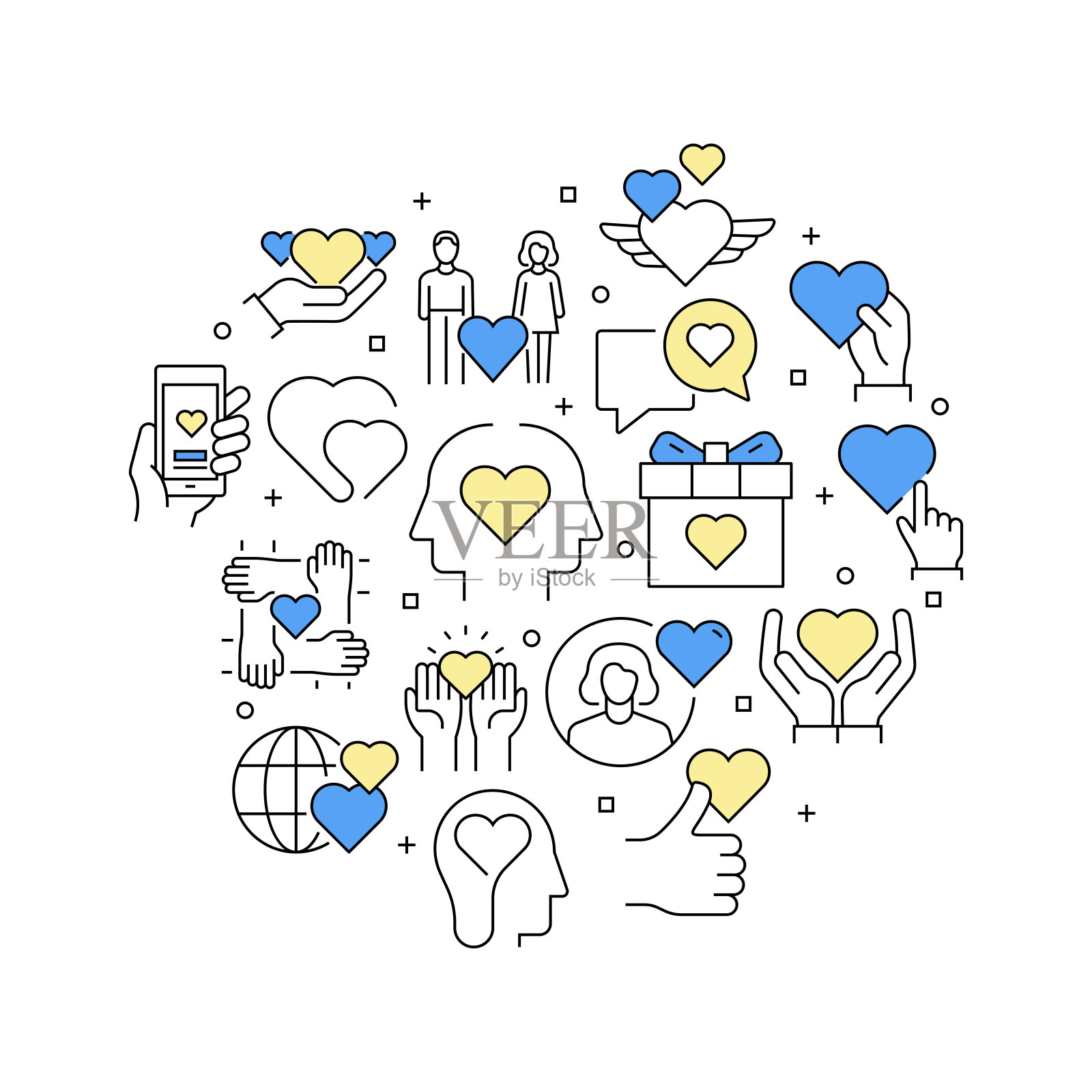 友谊，关系和爱情相关的矢量横幅设计概念，现代线条风格与图标插画图片素材