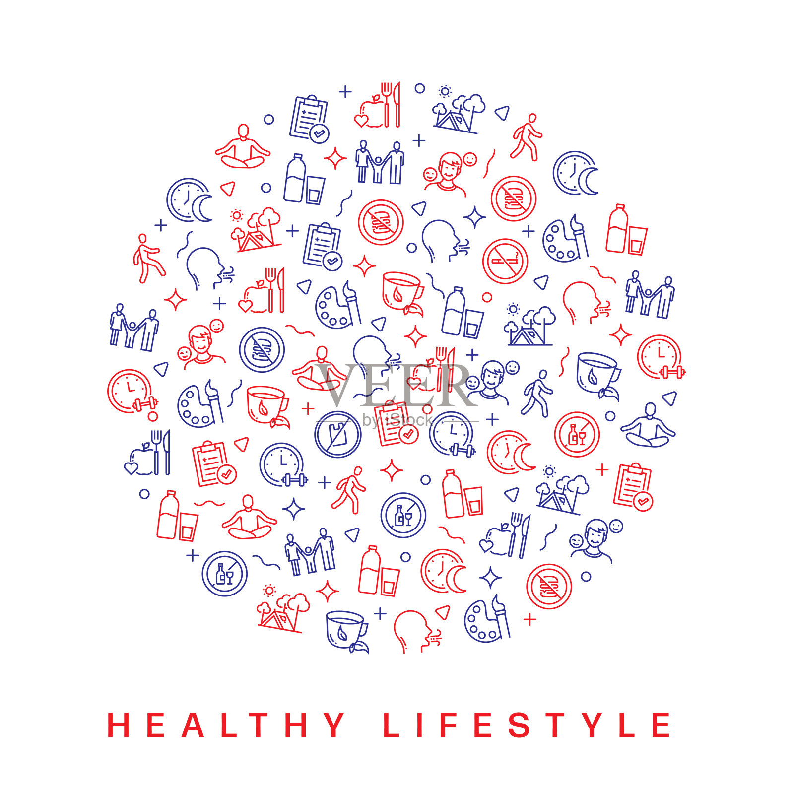 健康生活方式相关图案设计。现代线条风格设计插画图片素材