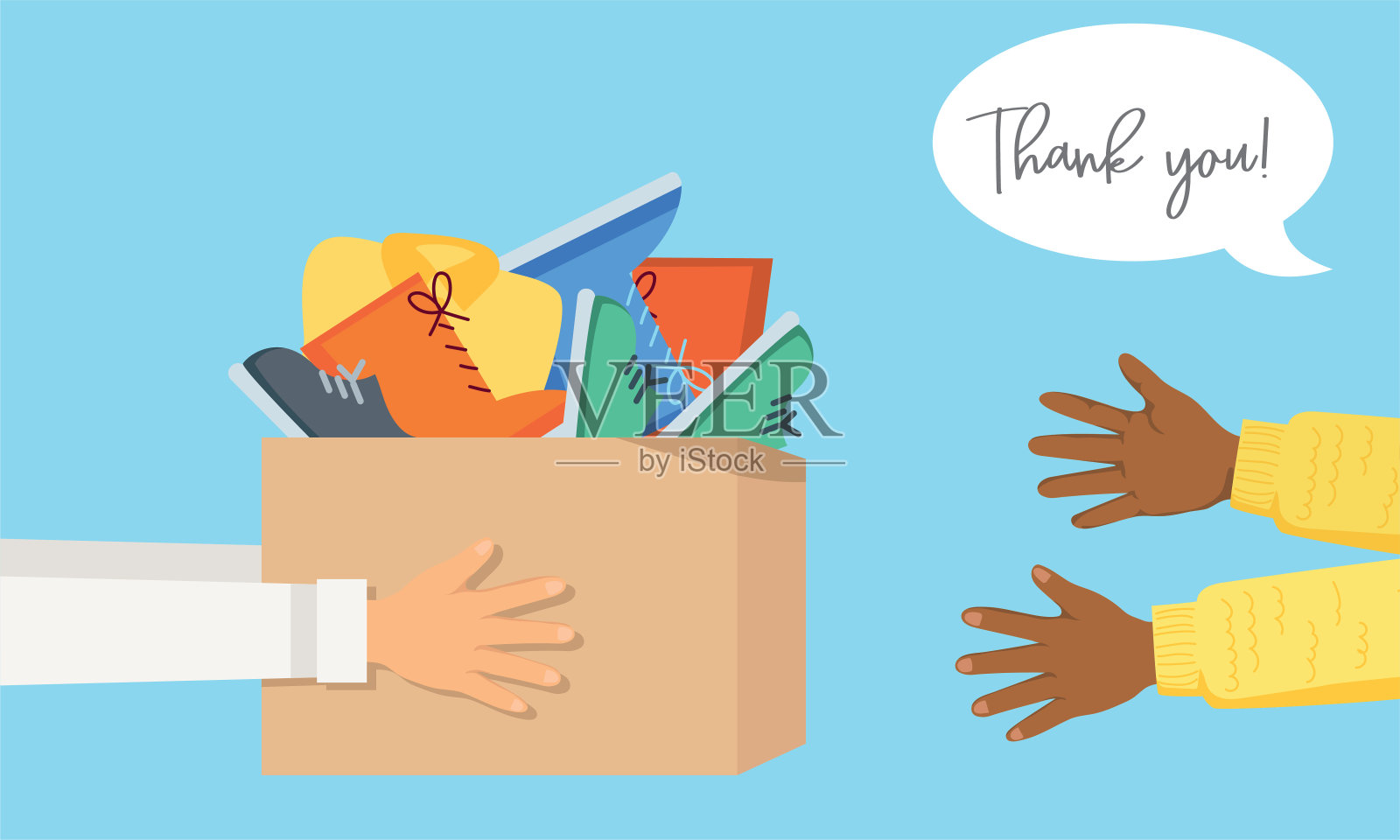 一个人把一盒衣服送给另一个人。衣服穿得淡一点插画图片素材
