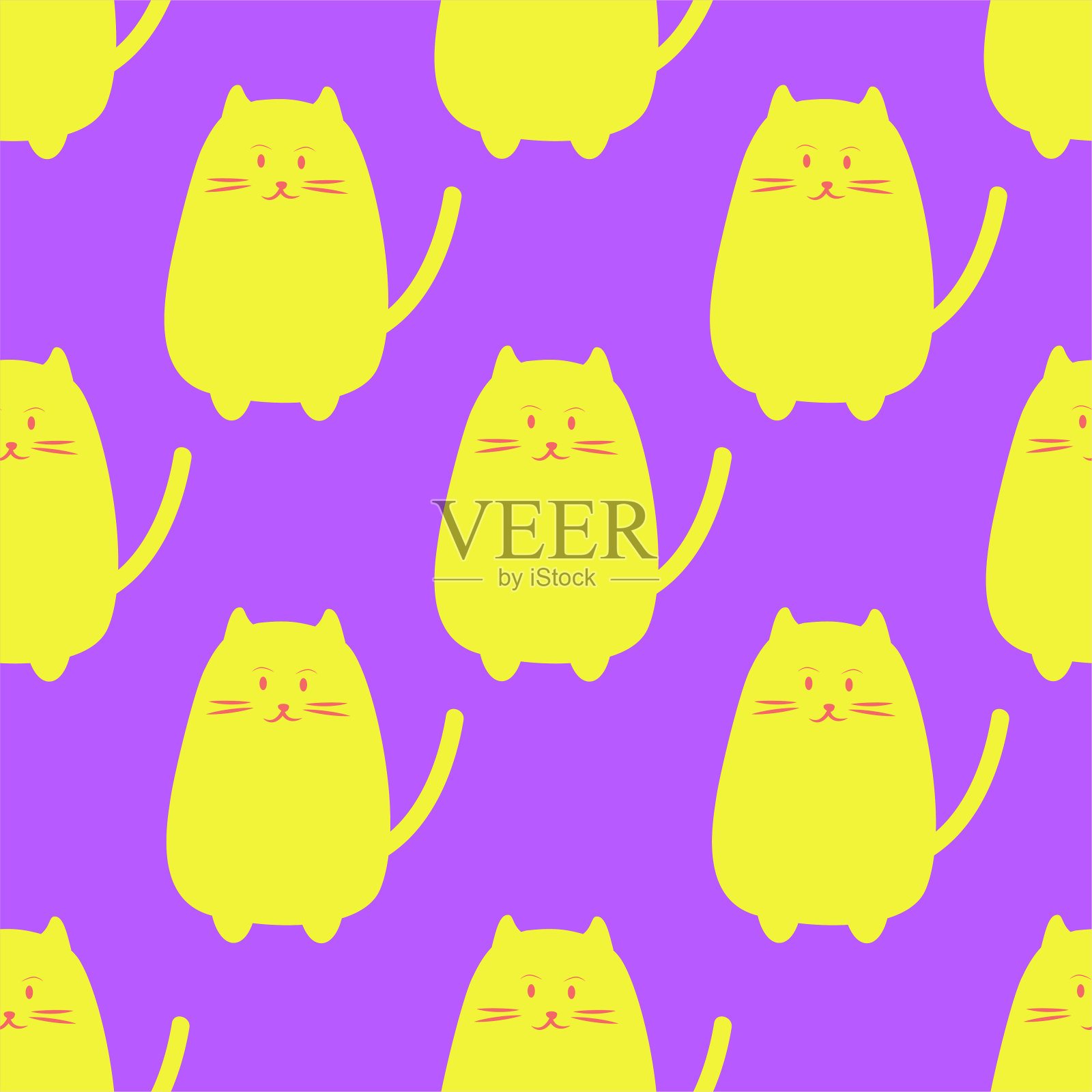 动物无缝图案可爱卡通猫设计紫色背景。矢量插图涂鸦风格插画图片素材