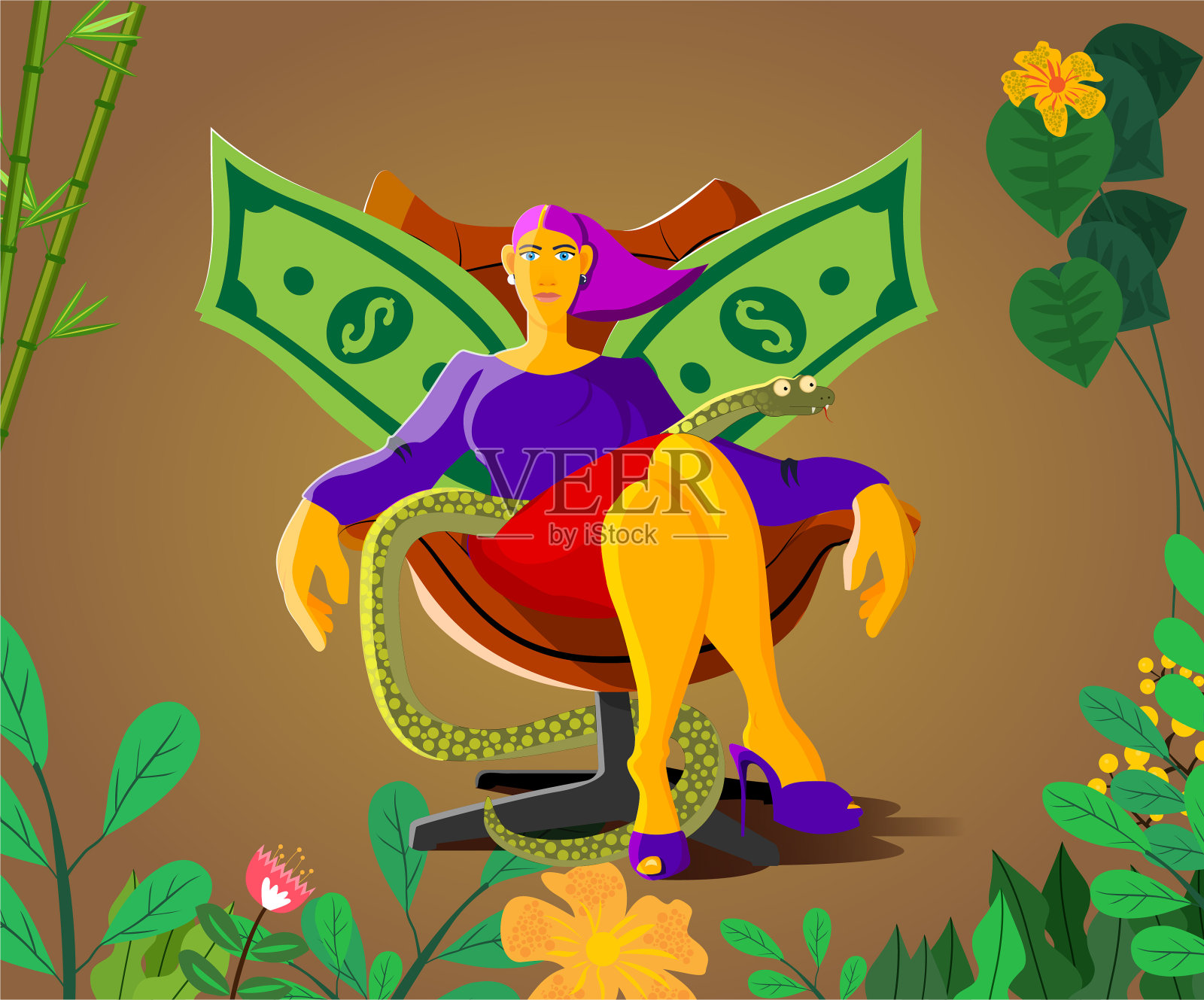 一个有钱的女人和一条蛇坐在扶手椅上。插画图片素材