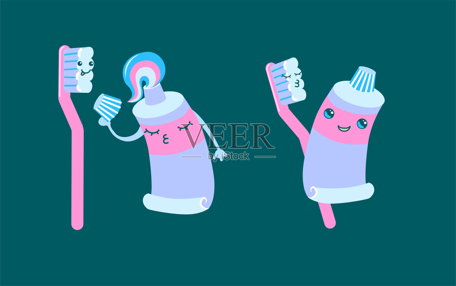 卡通牙齿护理角色集。漫画牙刷，牙膏管。医学和卫生保健教育载体插图收藏。设计元素图片