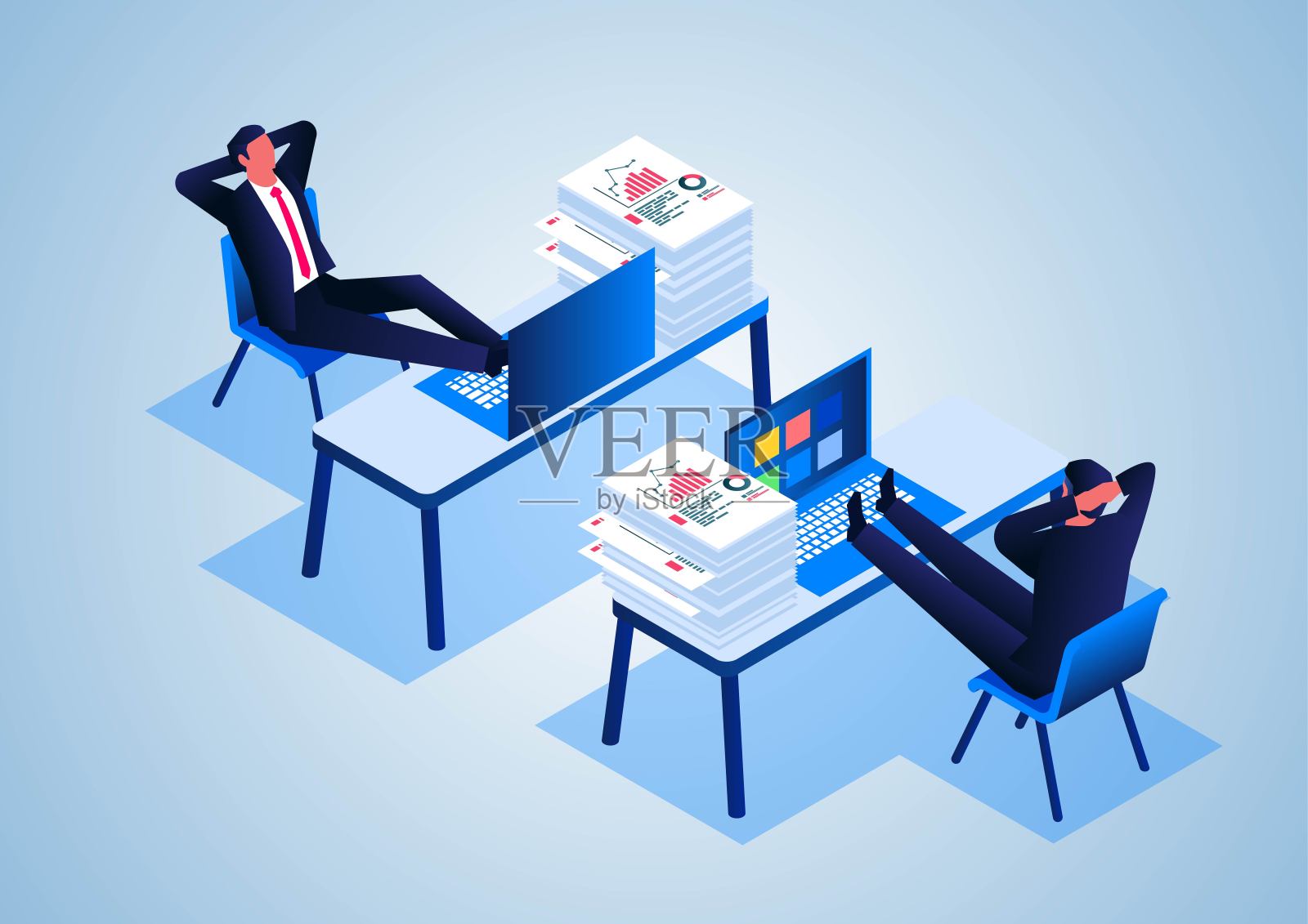 两名懒散的商人在办公椅上休息插画图片素材