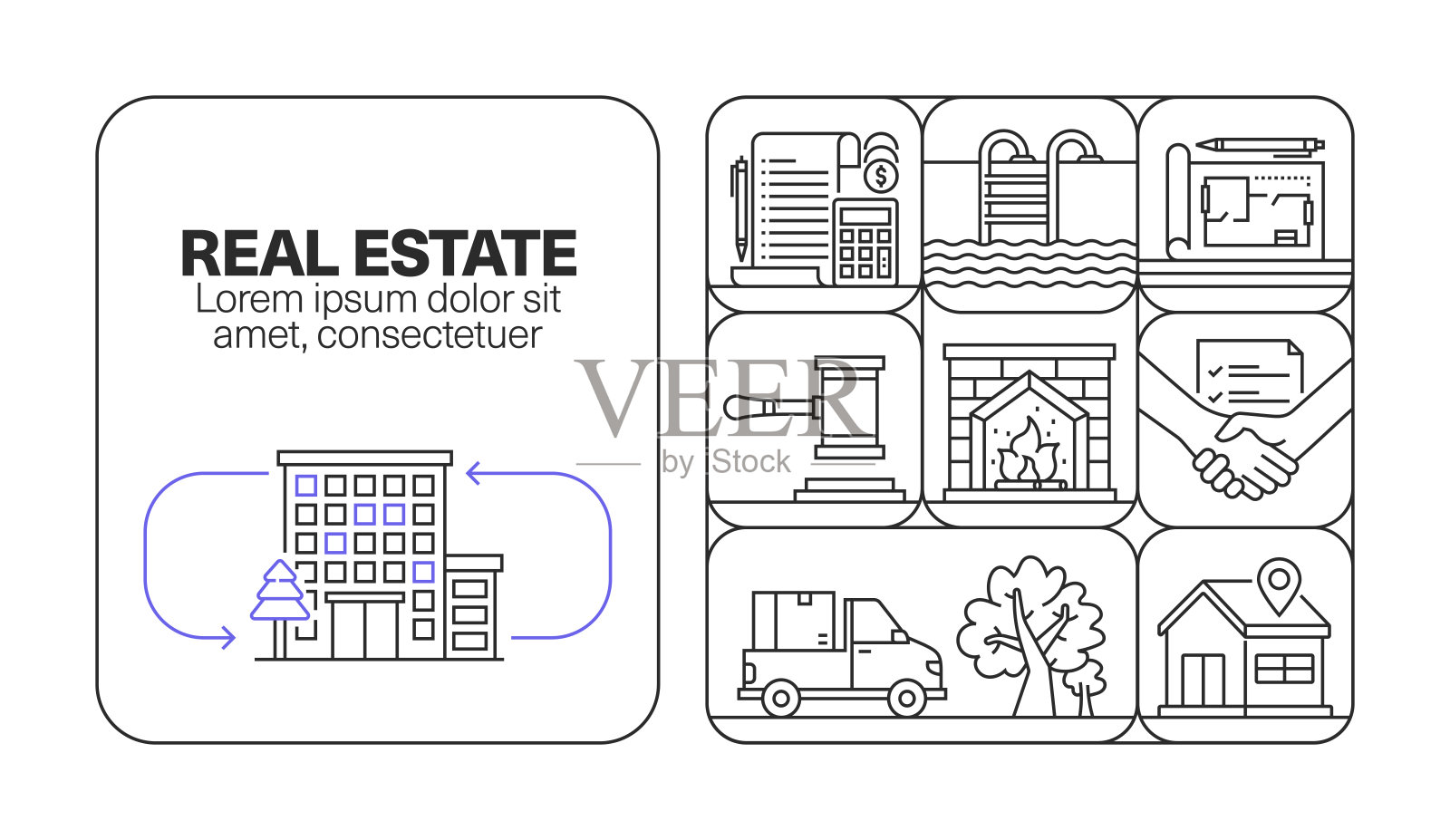 房地产横幅线图标集设计插画图片素材