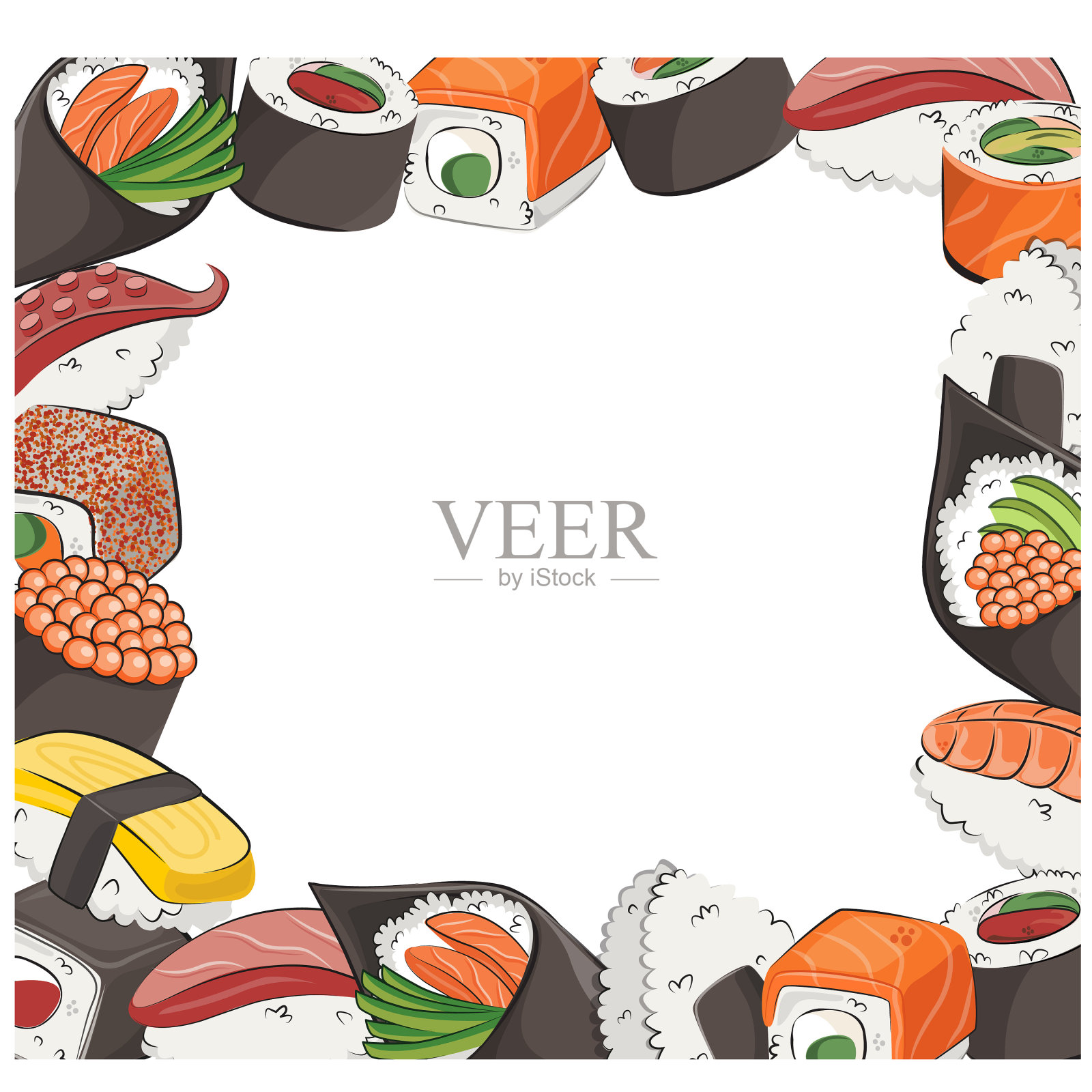 日本料理，套餐。用于餐厅菜单和海报。交付站点矢量平面插图孤立在白色框架背景。寿司卷饭团酱油套装。股票的照片。插画图片素材