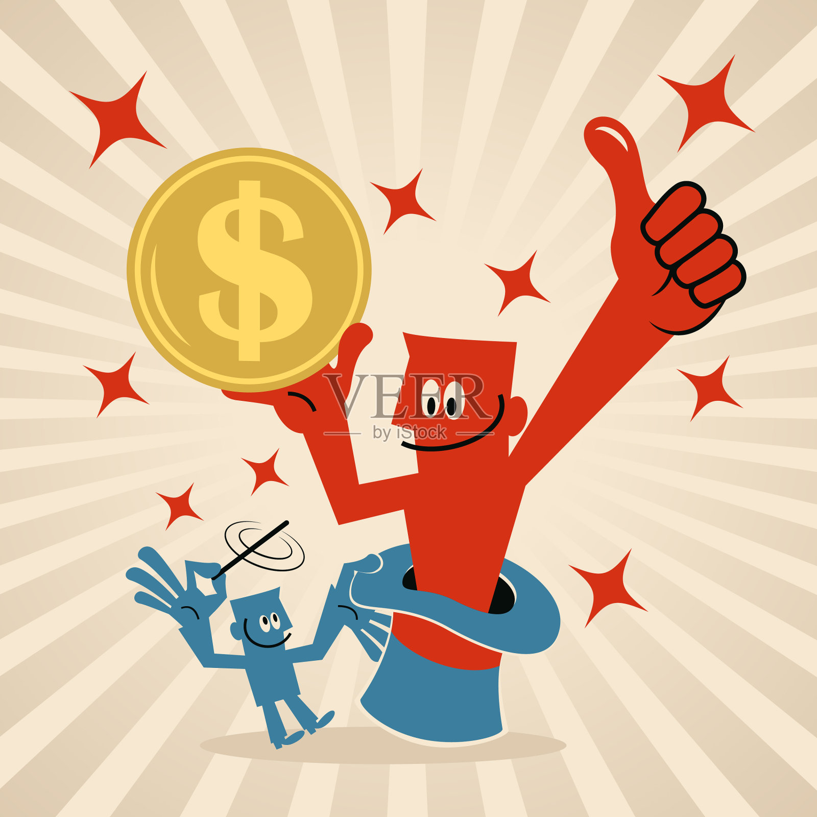 商人挥动魔杖，一个巨大的精灵从魔术帽中跳出来，竖起大拇指，并拿着美元硬币插画图片素材