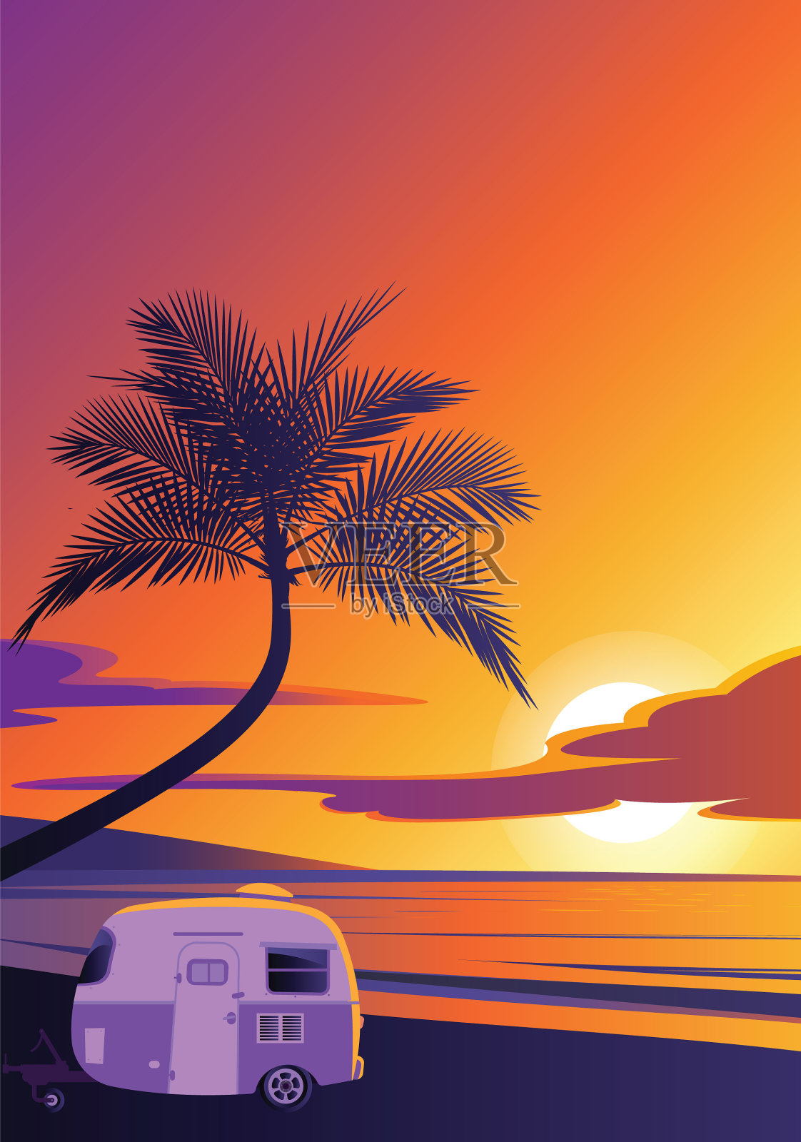 热带海滩自然风光日落插图插画图片素材