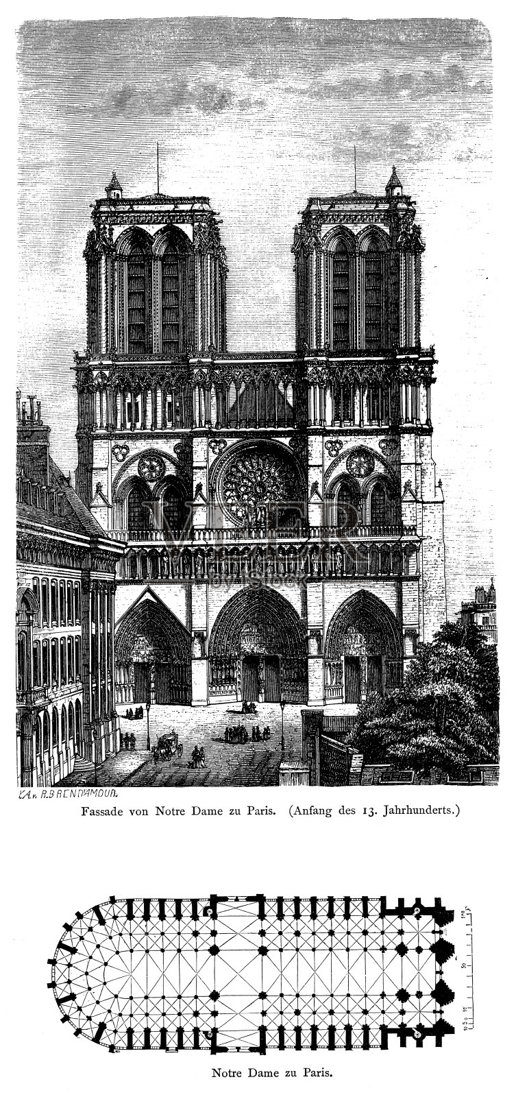 巴黎圣母院教堂正面和平面图的木刻插画图片素材