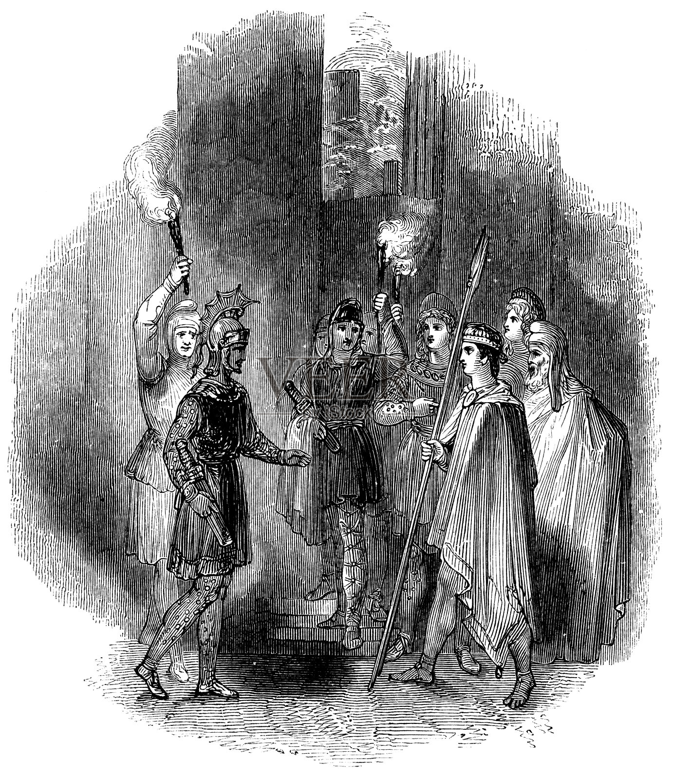 《巴黎与埃涅阿斯在特洛伊的街道上相遇》——威廉·莎士比亚的作品插画图片素材