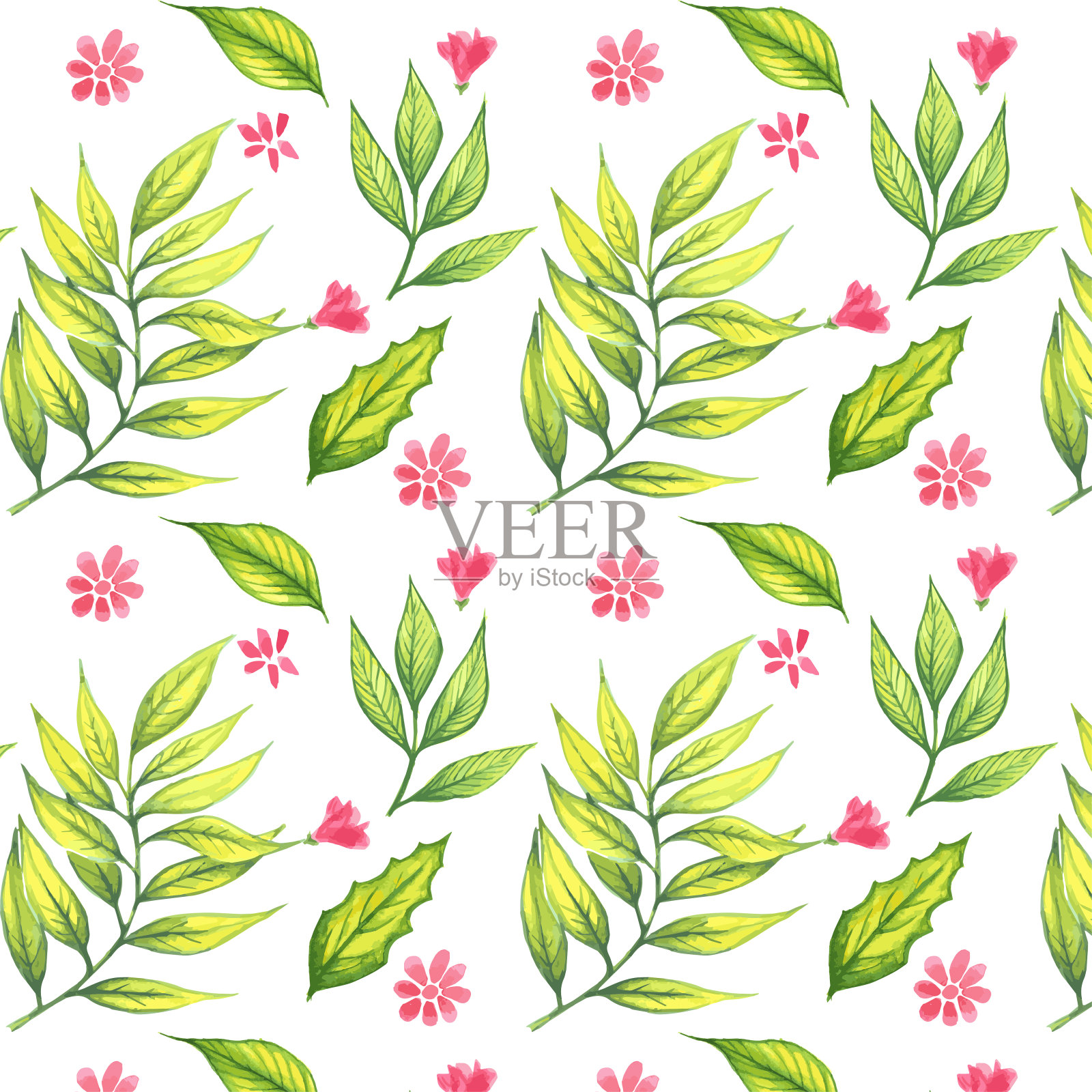 美丽的无缝向量水彩花卉图案，春天夏天的背景，丛林树叶，异国情调的壁纸，插画图片素材