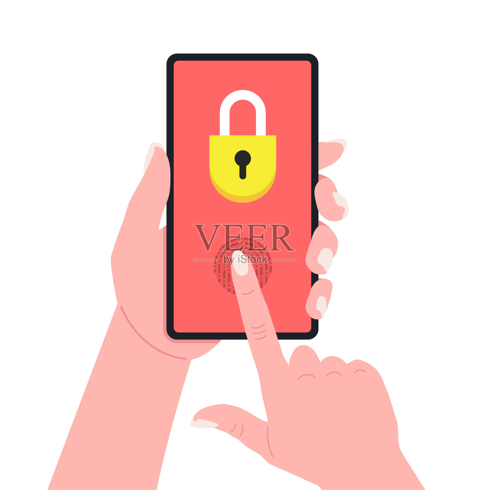 带锁屏的女性手持智能手机。移动安全。矢量插图。插画图片素材