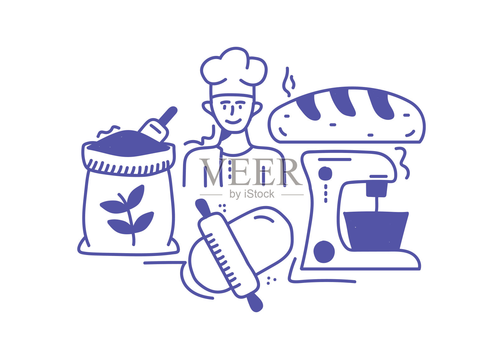 烘焙产品手绘简单美观的图案。一个美丽的设计，可以在网上和手卖。许多领域的现成模板。插画图片素材