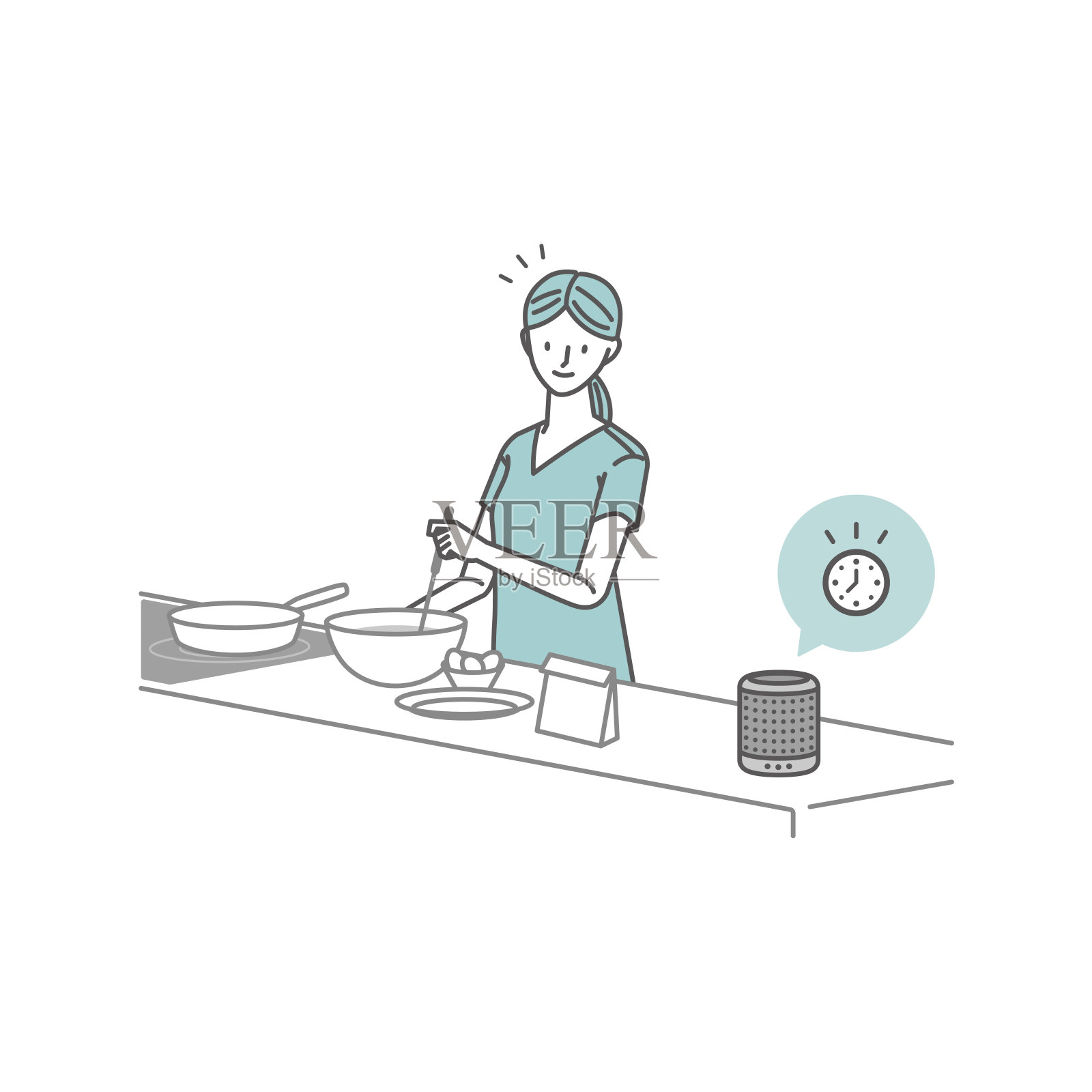 一个女人在厨房做饭时注意到一个智能扬声器的公告插画图片素材