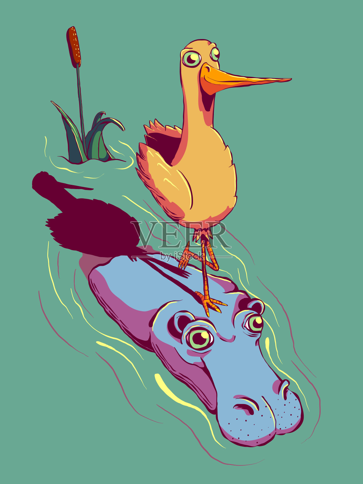 有趣的卡通插图-鸟骑河马。插画图片素材