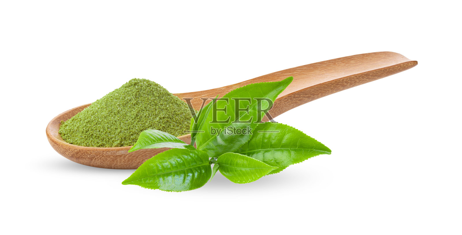 速溶抹茶，木勺绿茶，白茶叶照片摄影图片