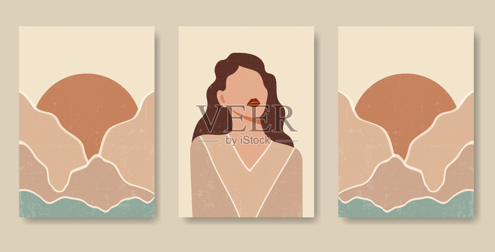 海报设置与女性轮廓复古山插画图片素材