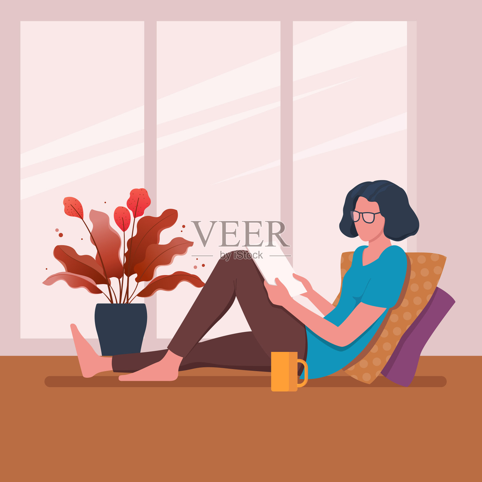 女人坐在窗边看书插画图片素材