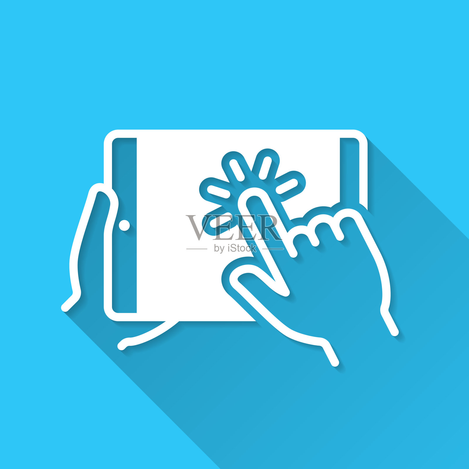 手触屏平板电脑。图标在蓝色背景-平面设计与长阴影插画图片素材