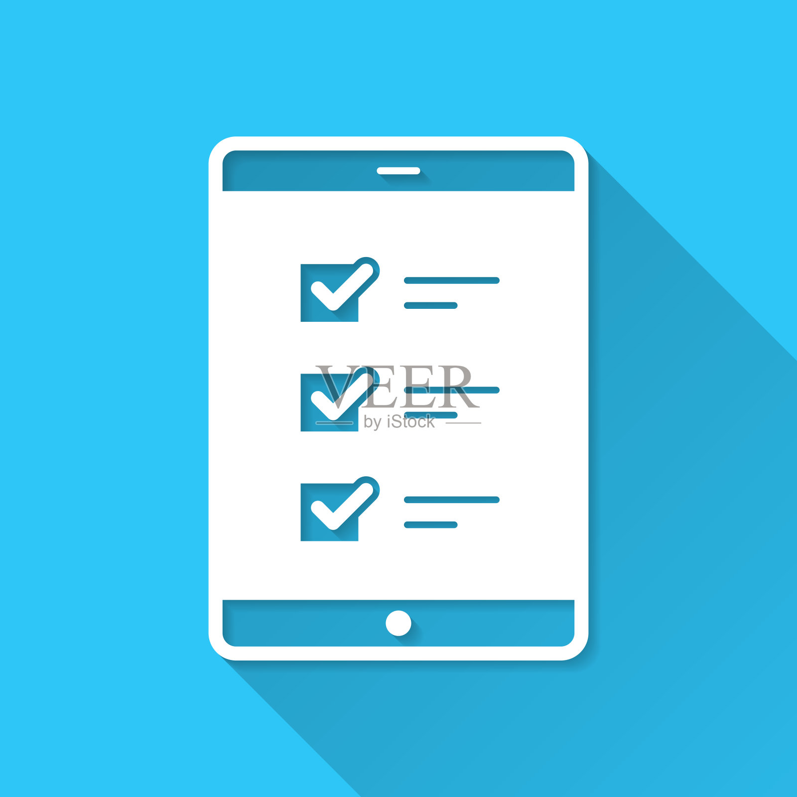 平板电脑与检查表。图标在蓝色背景-平面设计与长阴影插画图片素材