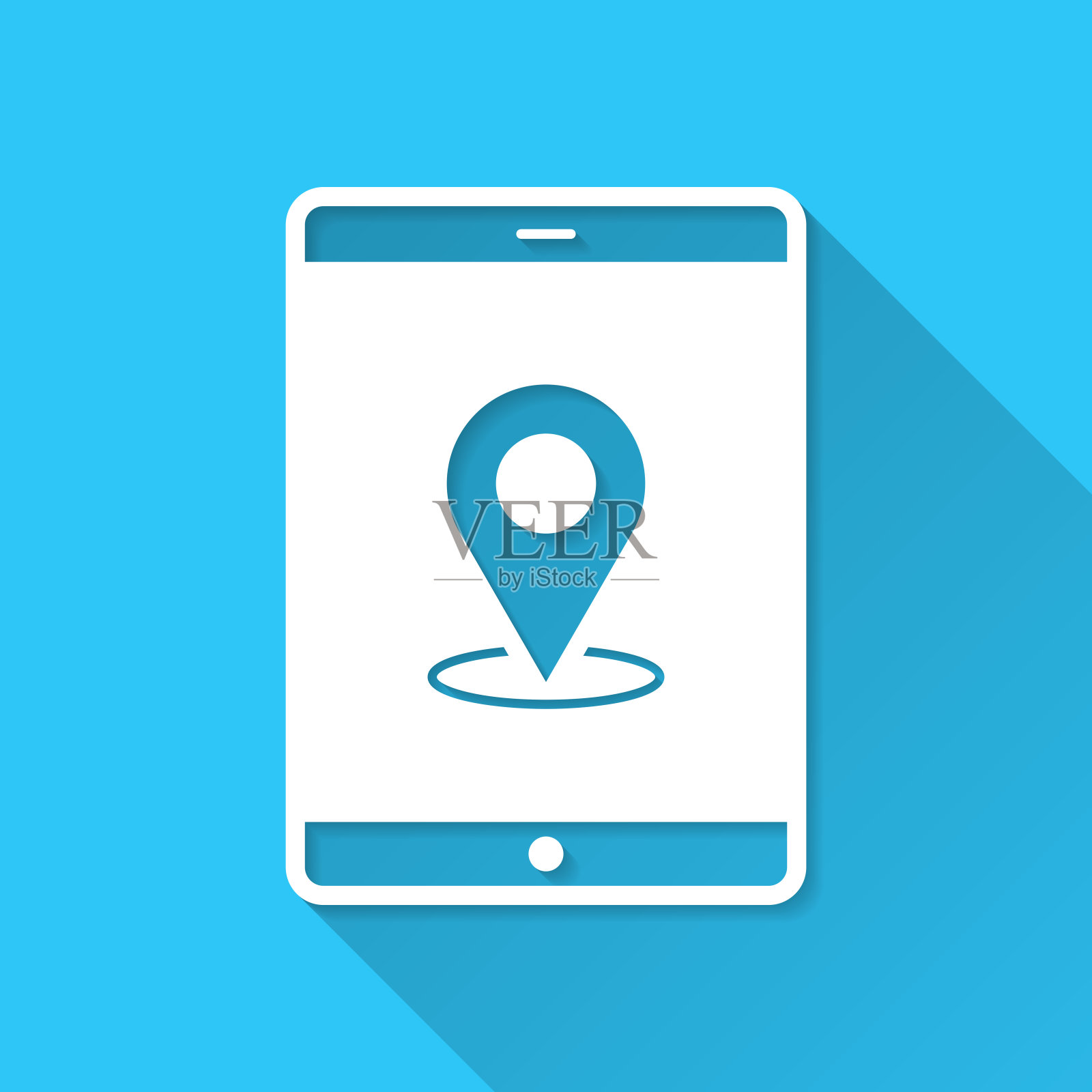 带定位针的平板电脑。图标在蓝色背景-平面设计与长阴影插画图片素材