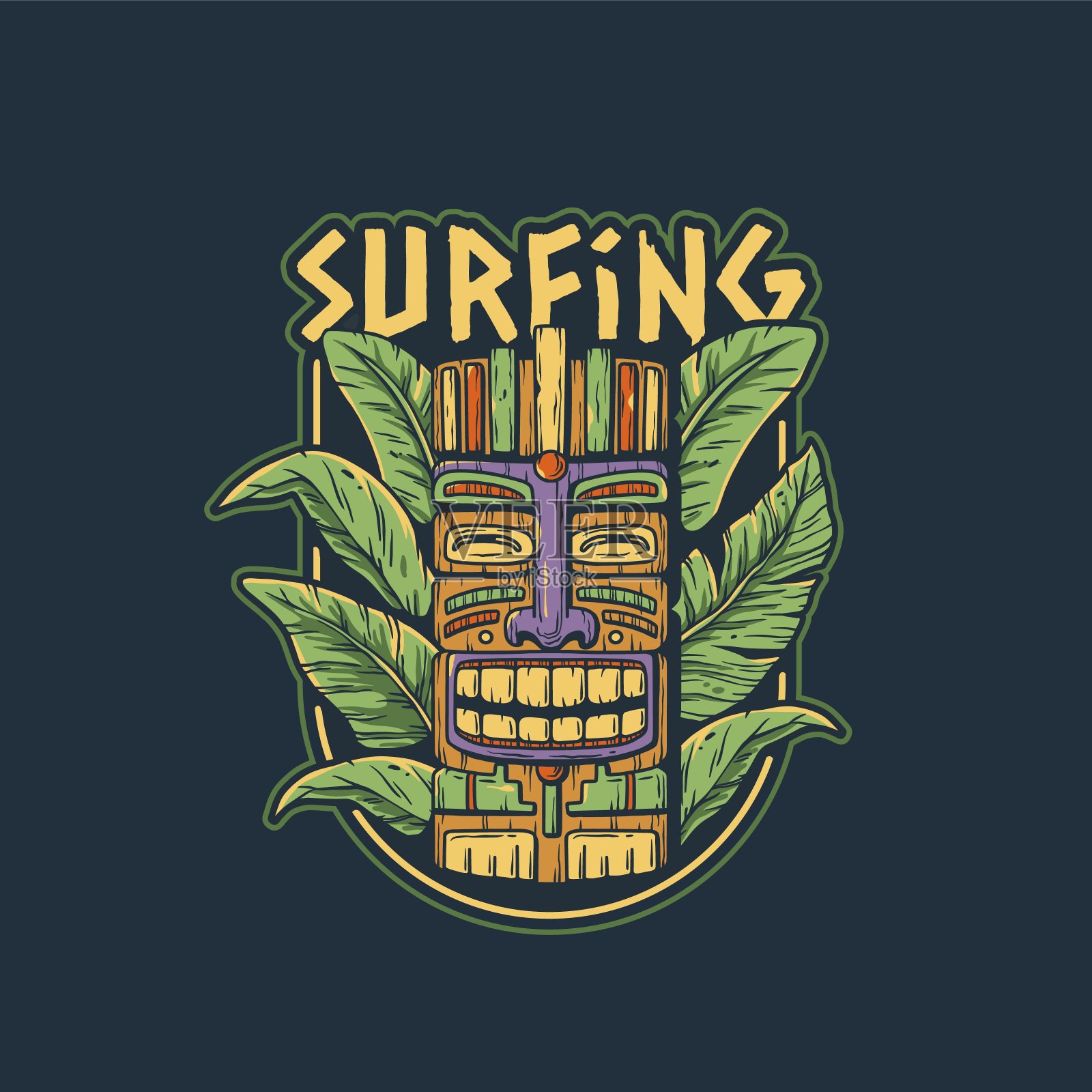 夏季提基面具与热带树叶夏威夷酒吧插画图片素材