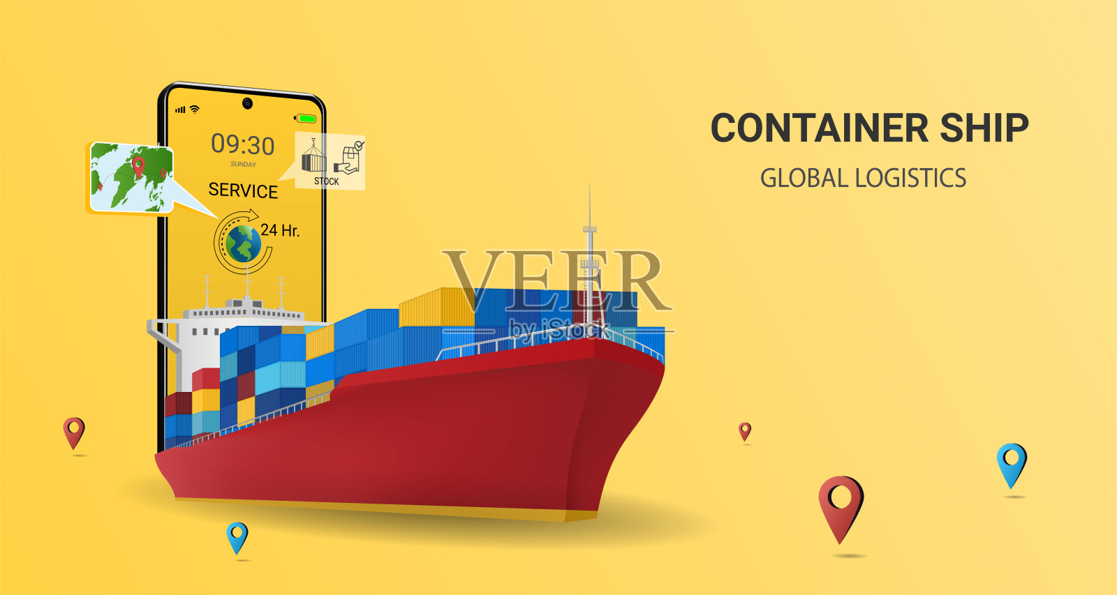 移动服务集装箱船在线配送，在线订单跟踪，全球物流，船舶配送，海上物流。城市物流、仓库、货运、快递。网站或横幅概念。3D透视矢量图插画图片素材