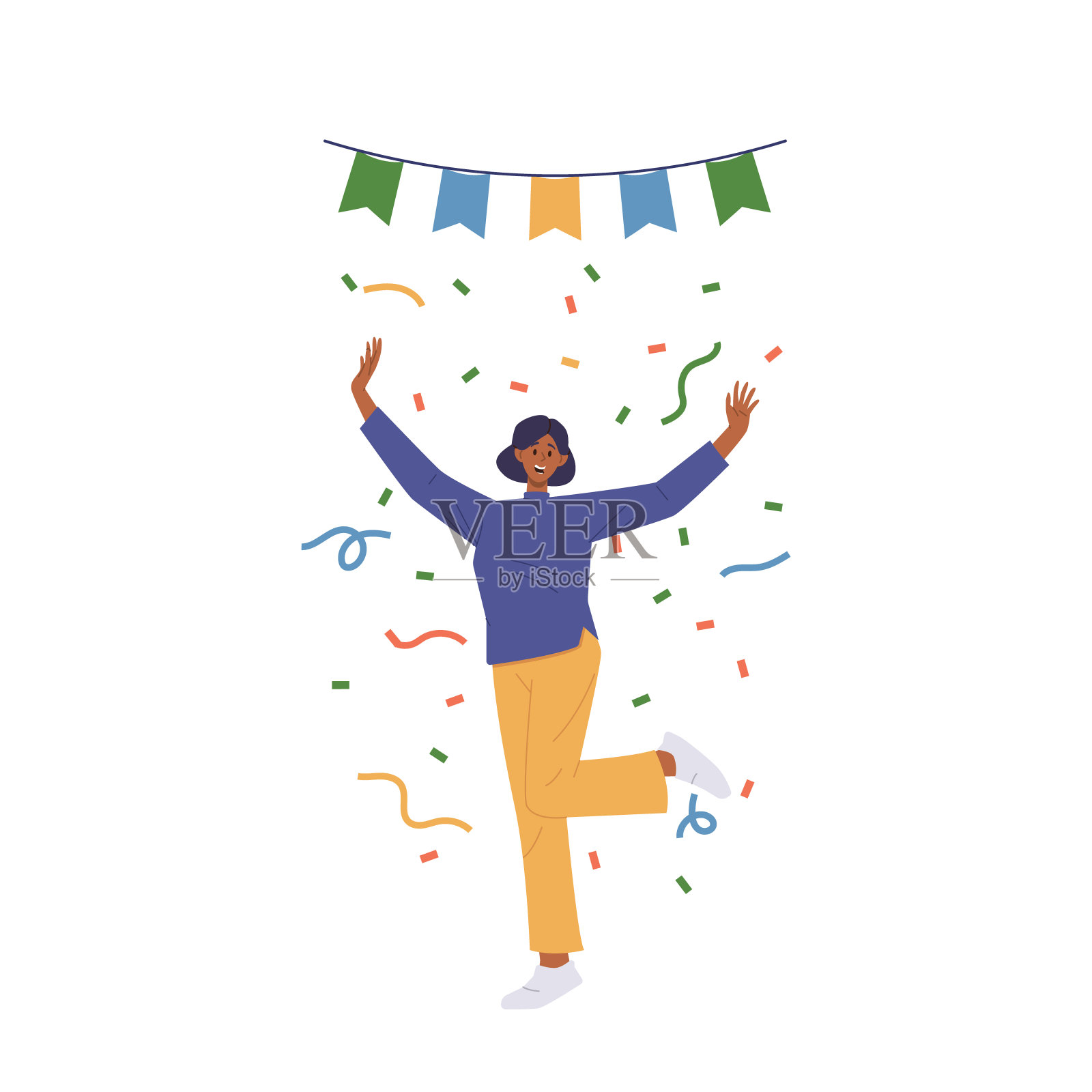 积极快乐的女商人在盛大的开幕式上站在白色的五彩纸屑下插画图片素材